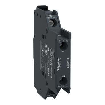 Auxiliary contact block, TeSys Deca, 1NO+1NC, side mounting, screw clamp terminals