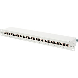 CAT 6 patch panel, shielded, 24-port RJ45, 8P8C, LSA, 1U, cabinet mounting, gray RAL 7035
