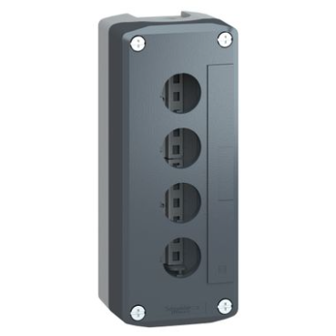 Empty control station, Harmony XALD, XALK, plastic, dark grey lid, light grey base, 4 cut out