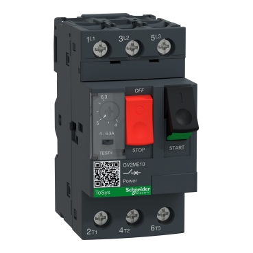 Motor circuit breaker, TeSys deca, 3P, 4-6.3 A, thermal magnetic, screw clamp terminals, code: GV2ME10AP, image