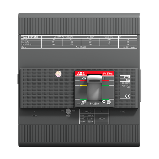 [1SDA068070R1] C.BREAKER TMAX XT3N 250 FIXED FOUR-POLE WITH FRONT TERMINALS AND THERMOMAGNETIC RELEASE TMD R 250-2500 A FULLY RATED NEUTRAL